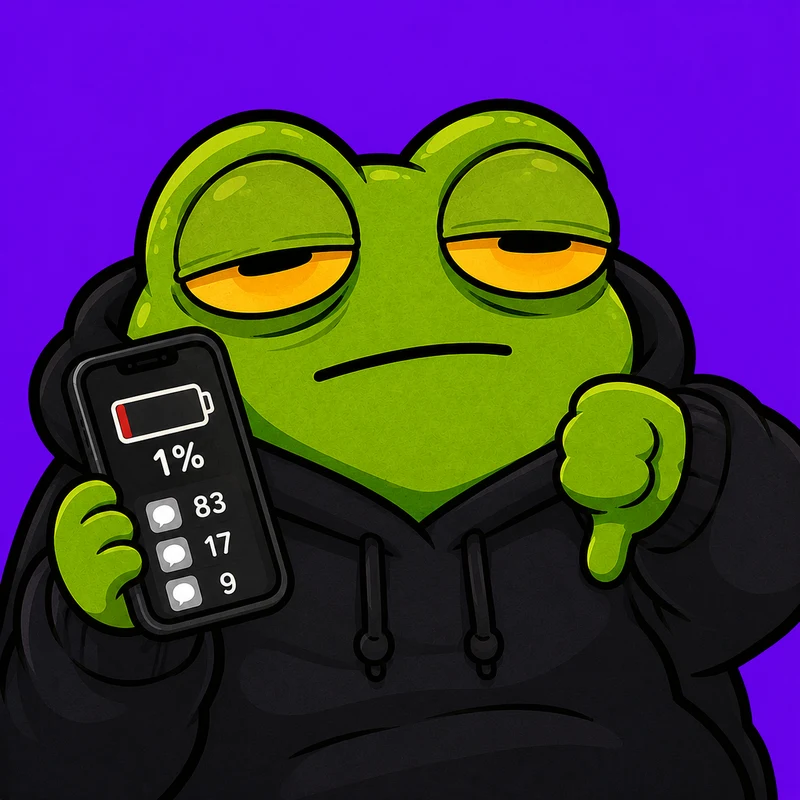 nah frog — a tired cartoon frog in a black hoodie giving a thumbs down
